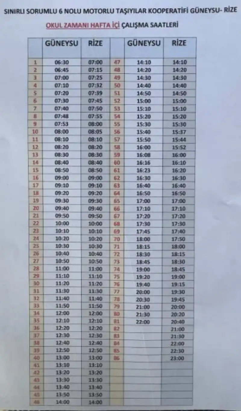 Rize - Güneysu Dolmuş Saatleri Güncellendi (2025)