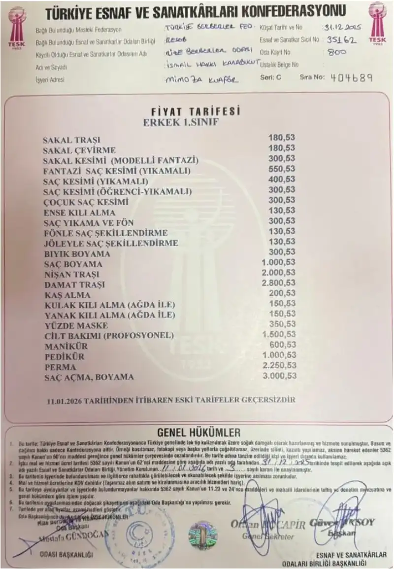 Rize’de Berber Fiyatları Tam Listesi