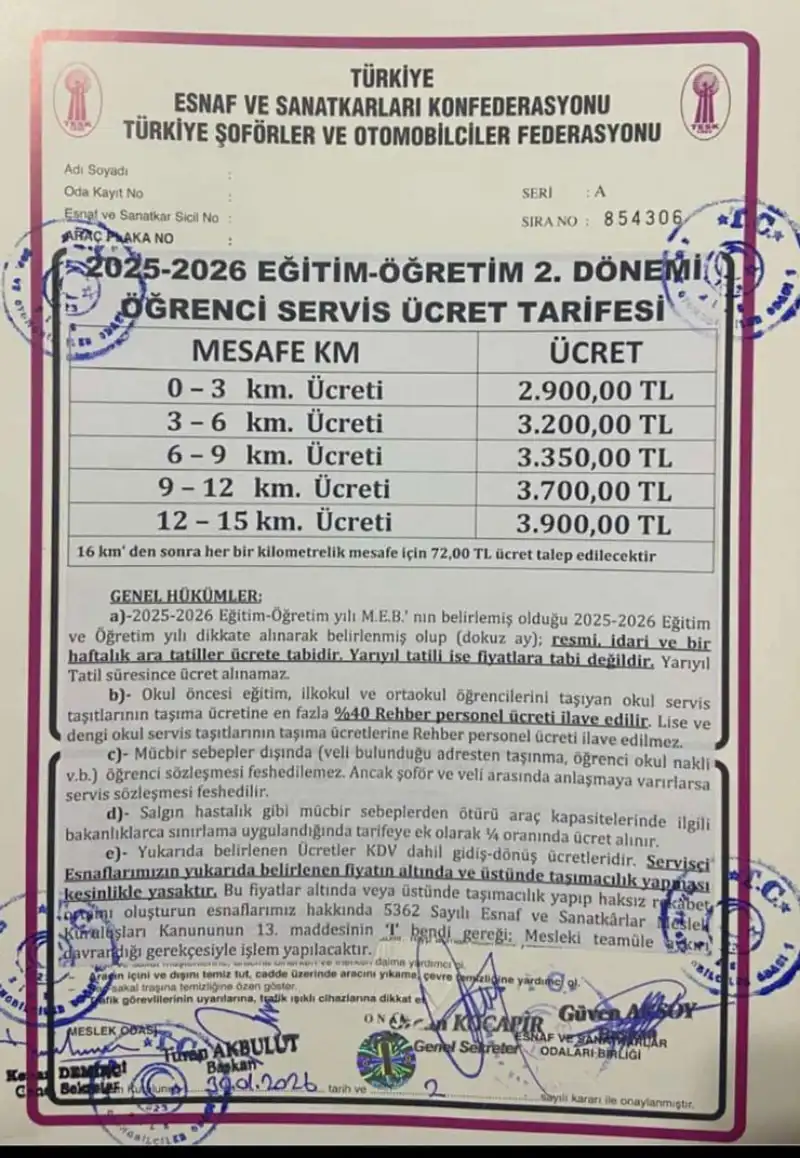 Rize’de Öğrenci Servis Ücretlerine Güncelleme