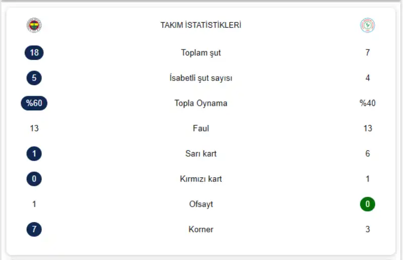 Fenerbahçe 2-2 Çaykur Rizespor - Maçın İstatistikleri