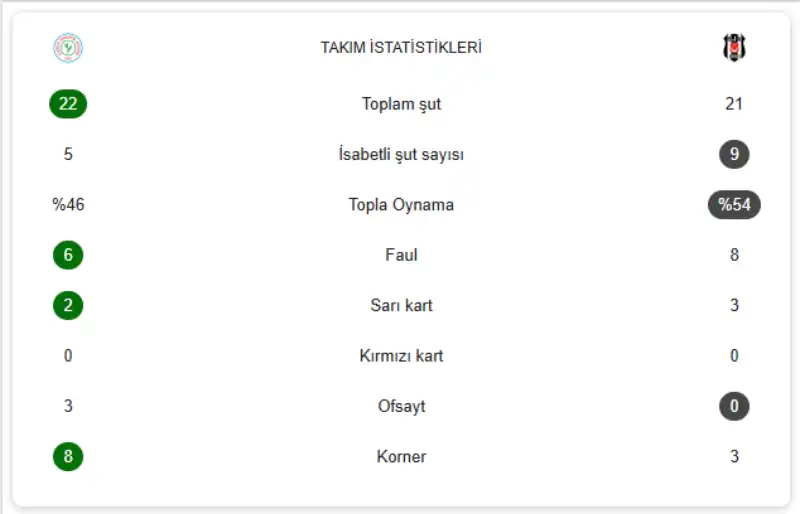 Çaykur Rizespor 2-2 Beşiktaş - Maçın İstatistikleri